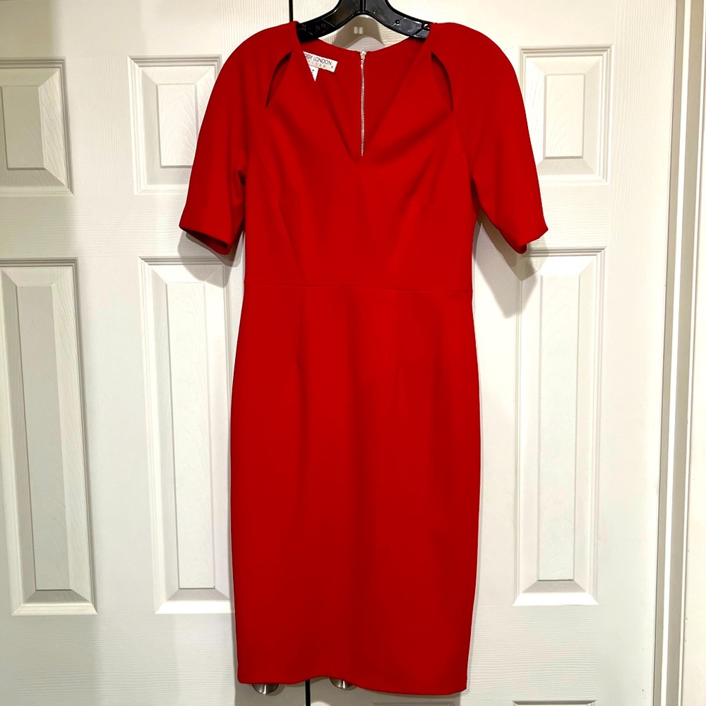 MAGGY LONDON LIKE NEW PETITES RED CUT OUT COLLAR SHEATH DRESS SIZE 4P